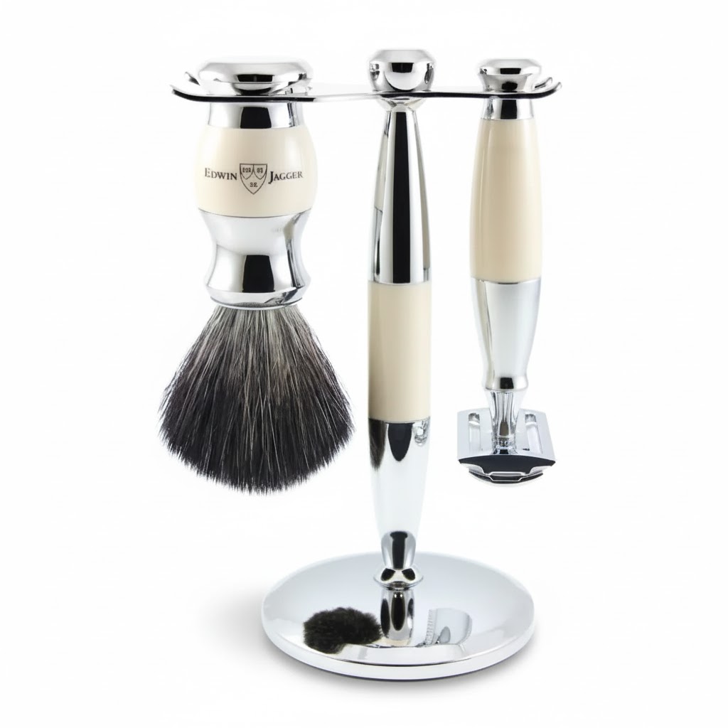 Shaving Accessories - Edwin Jagger 36 Range Set Of 3 Safety Razor, Brush & Holder Ivory/Chrome